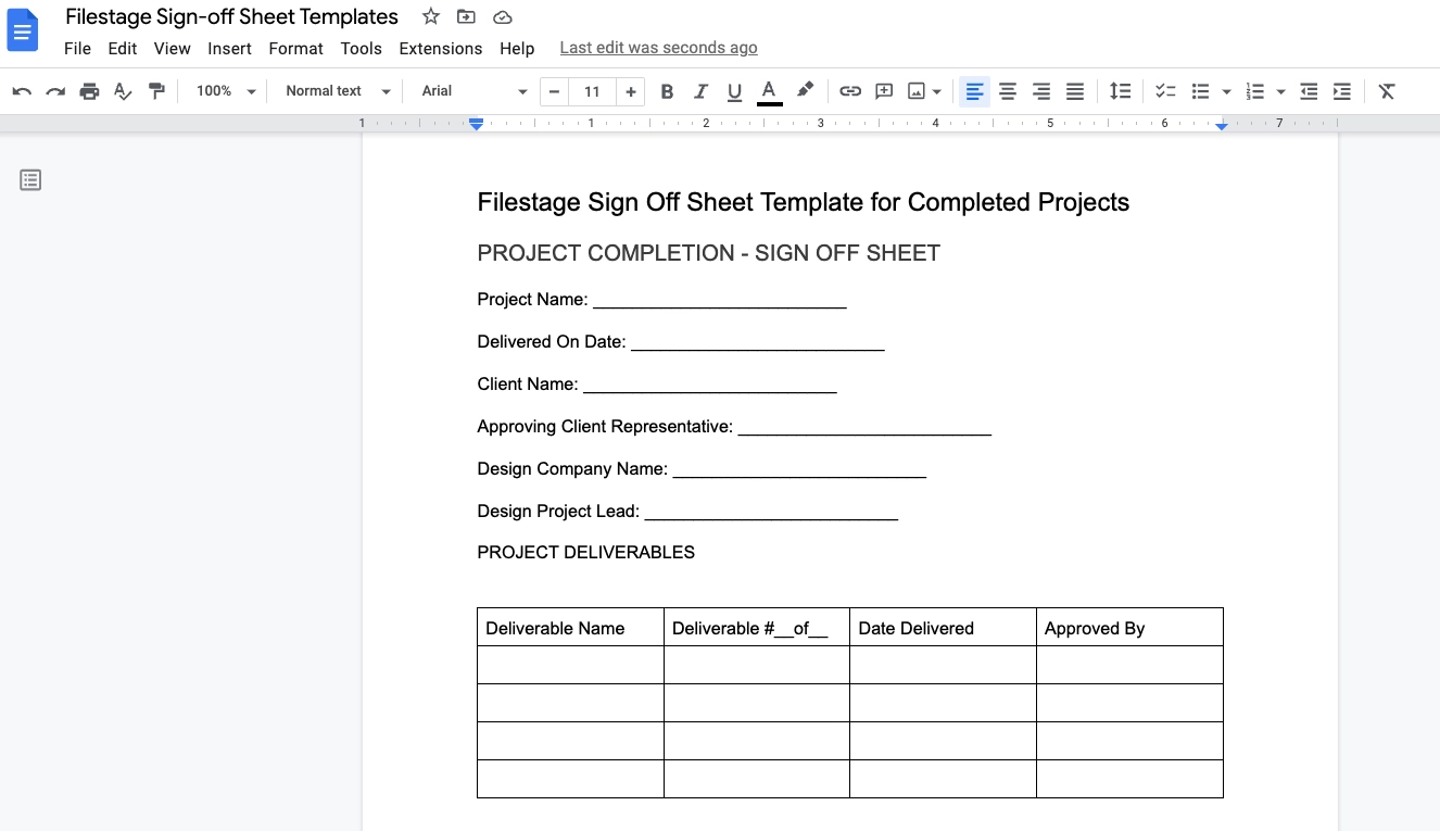 sign off template completed projects