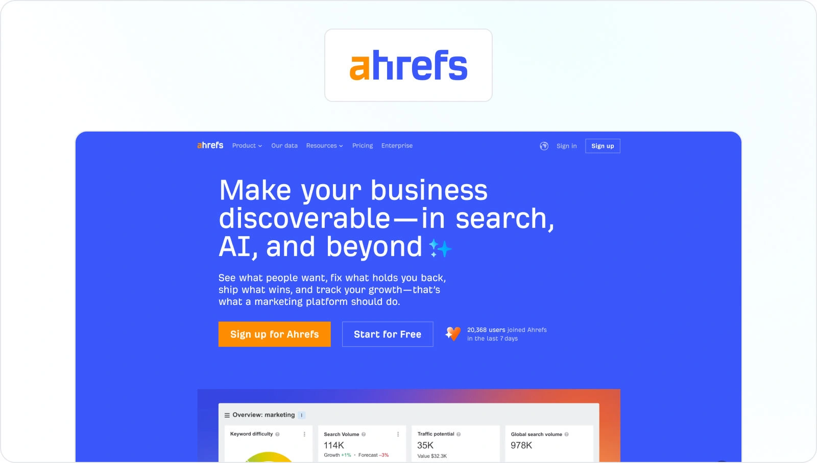 Ahrefs homepage view