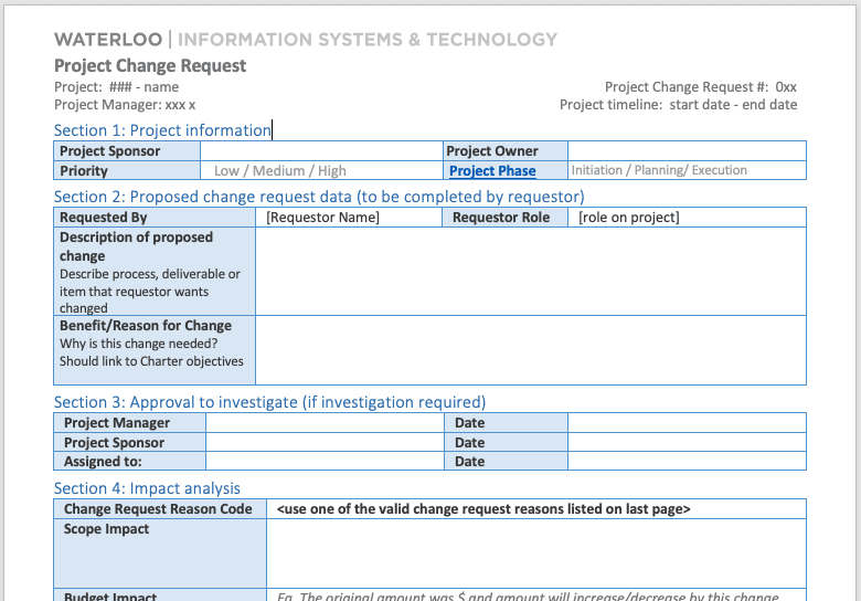 Project change request form