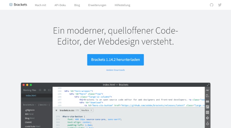 Adobe Brackets kostenloser Code-Editor um zu entworfene Webdesign online umsetzen können