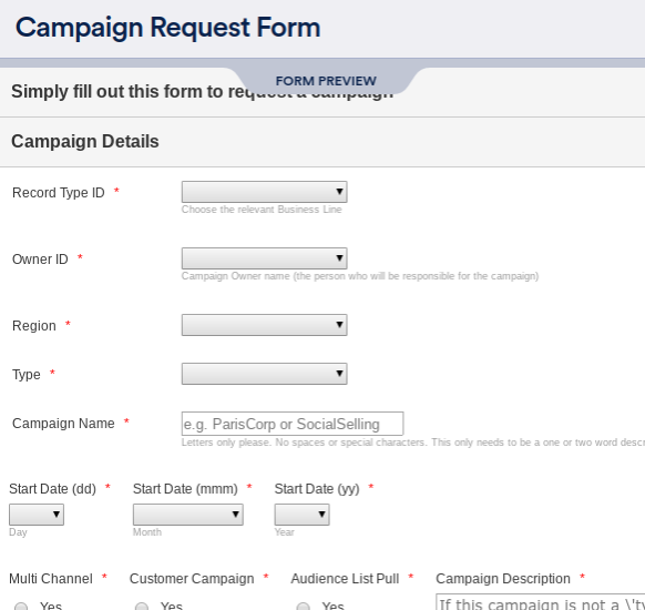 Formulario de solicitud de campaña creativa de JotForm