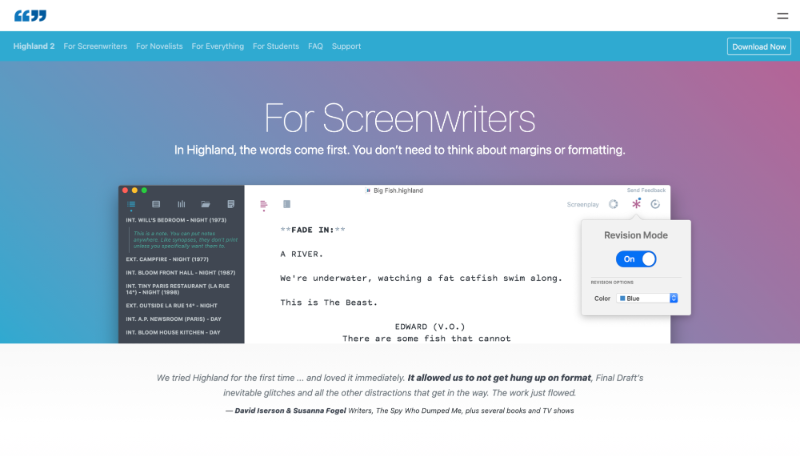 Highland - free scriptwriting software solutions and Celtx alternatives