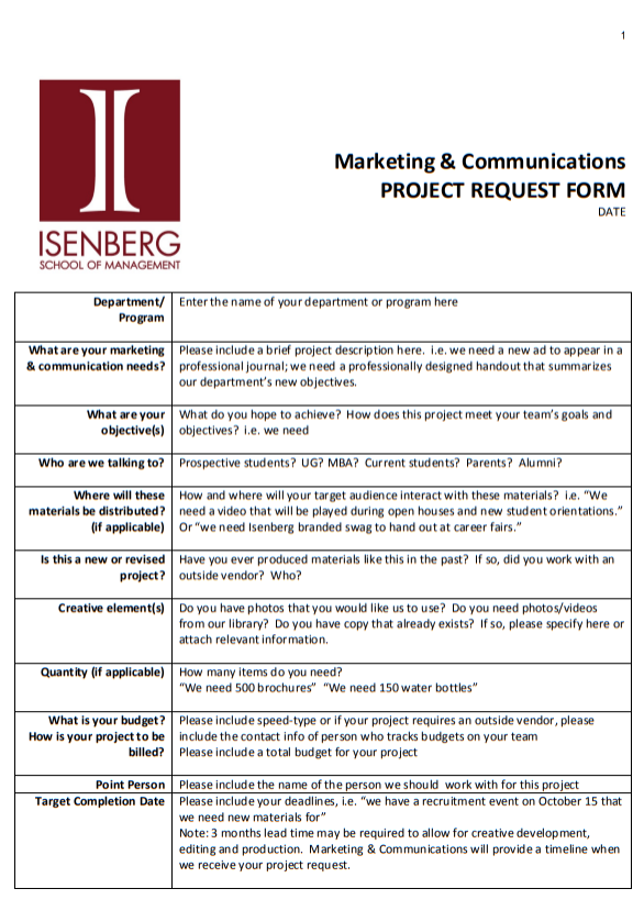 Formulario de solicitud de proyecto de marketing de la Isenberg School of Management