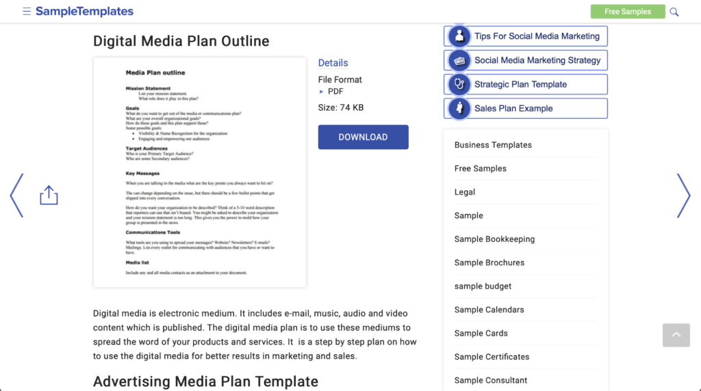 SampleTemplates plan de publicidad en medios digitales
