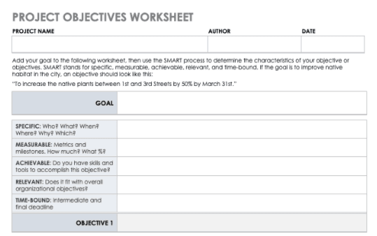 Smartsheet project objectives - free project management templates
