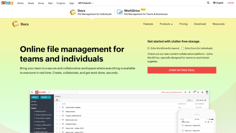 ZohoDocs online file management for teams and individuals