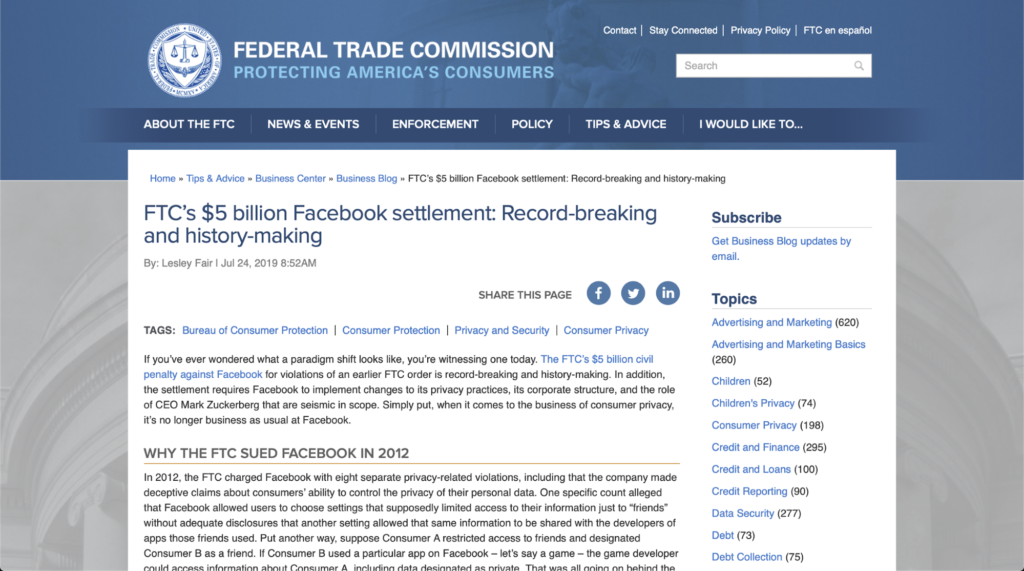 federsl trade comission facebook settlement