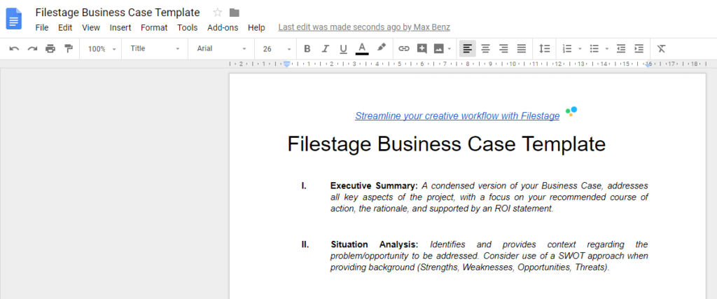 filestage Project Business Case Document Template