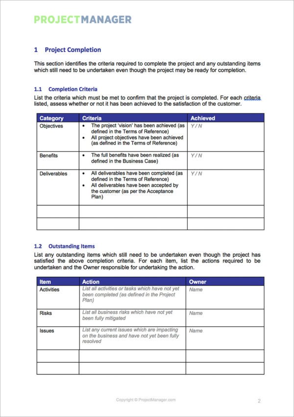 project manager Project Closure Sheet