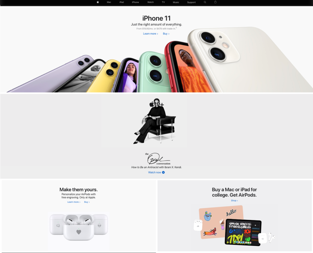 Exemple de meilleure pratique de la page d'accueil du site web d'Apple