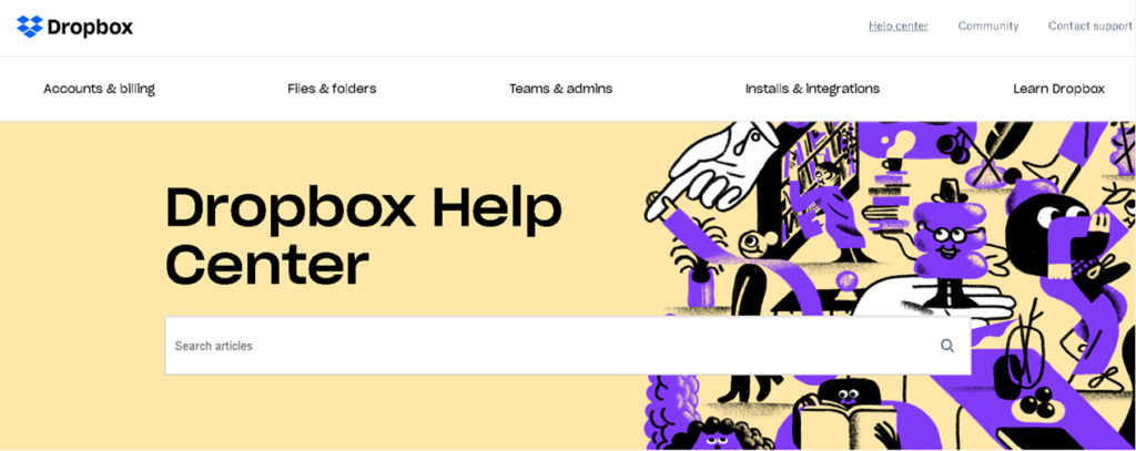 Page du centre de connaissances et d'aide du site Web : meilleure pratique de Dropbox