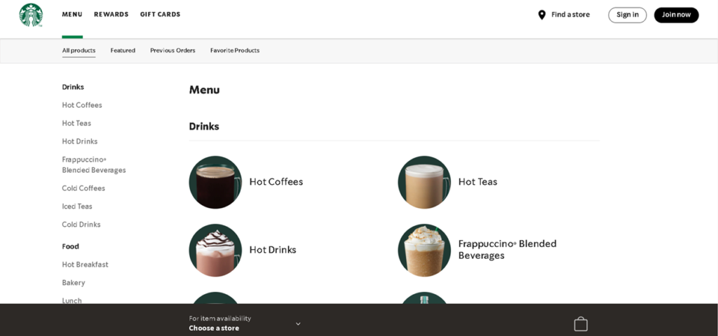 Page de produit du site web : meilleure pratique de Starbucks