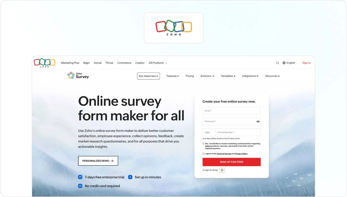 Zoho Survey homepage view
