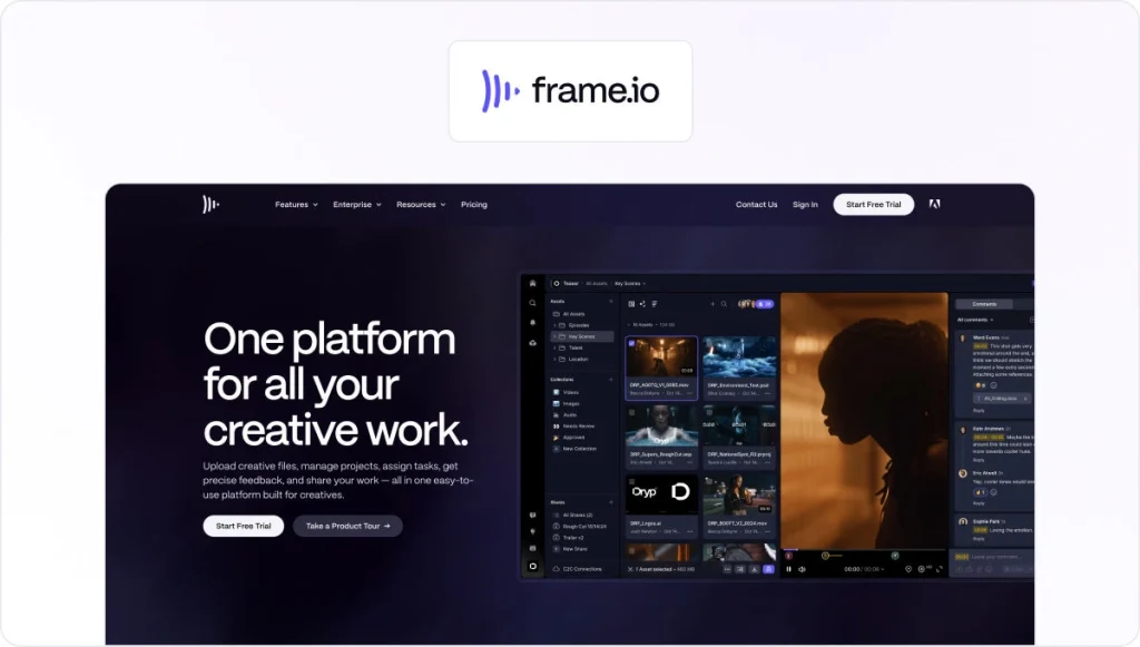 frame.io homepage view