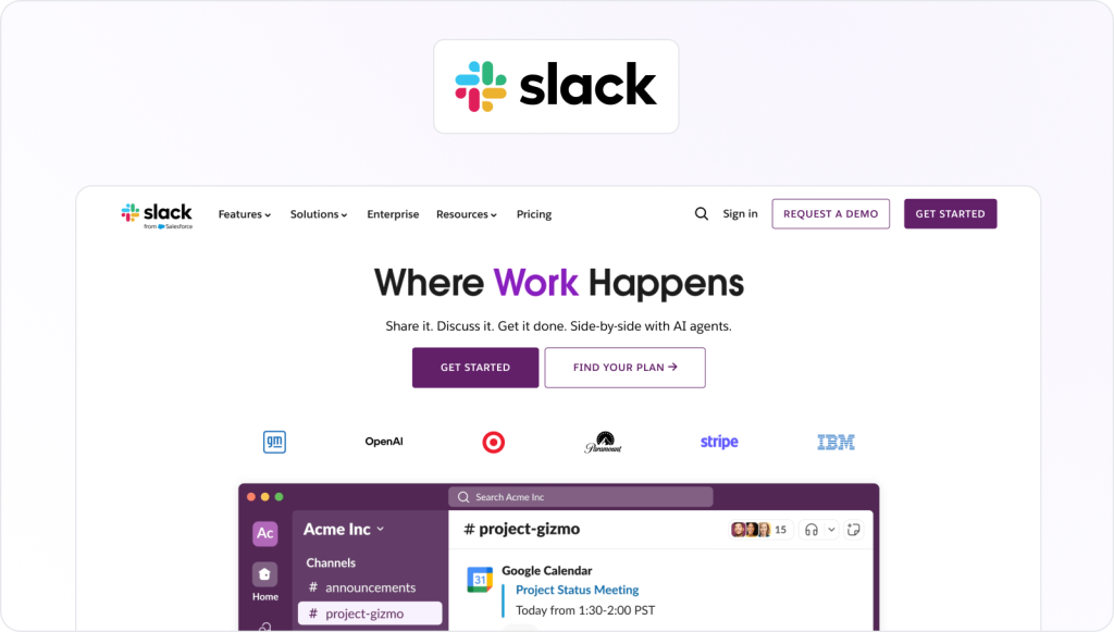 Slack homepage view