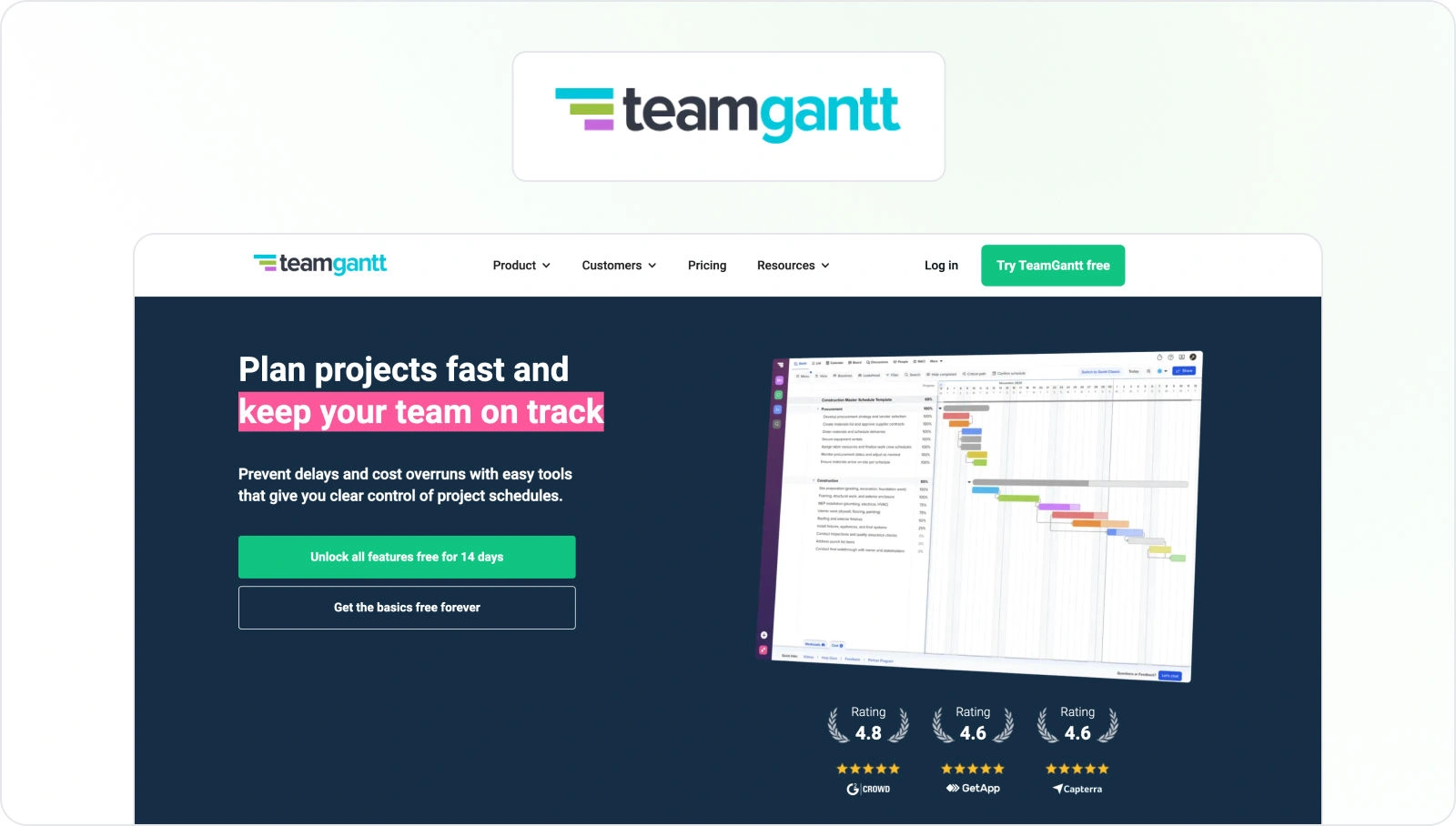 TeamGantt homepage view
