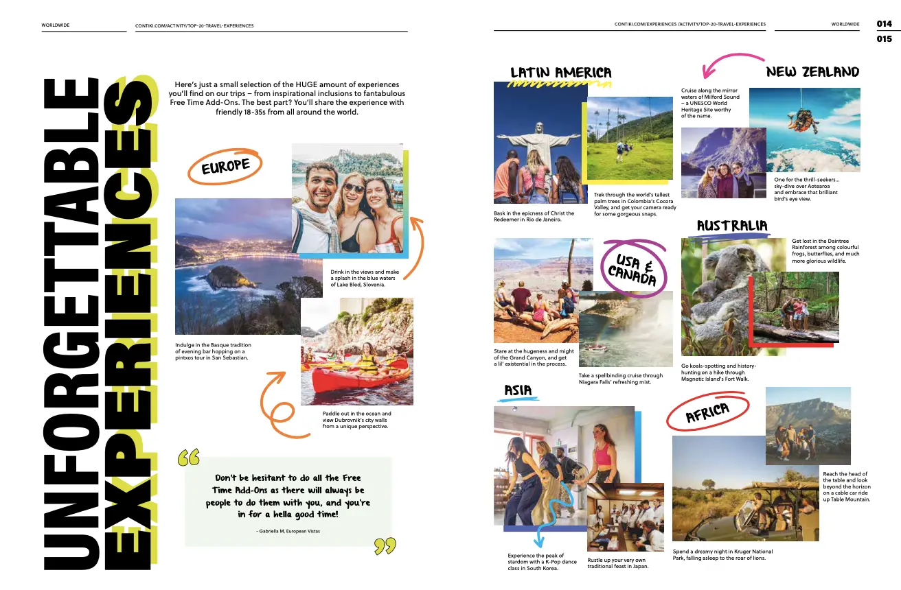 modern travel brochure example from Contiki
