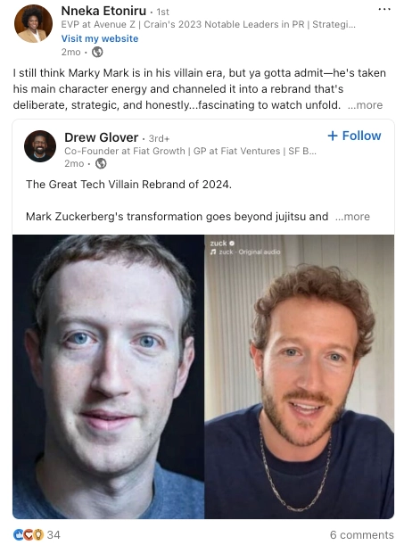 LinkedIn post from Nneka Etoniru about Mark Zuckerberg