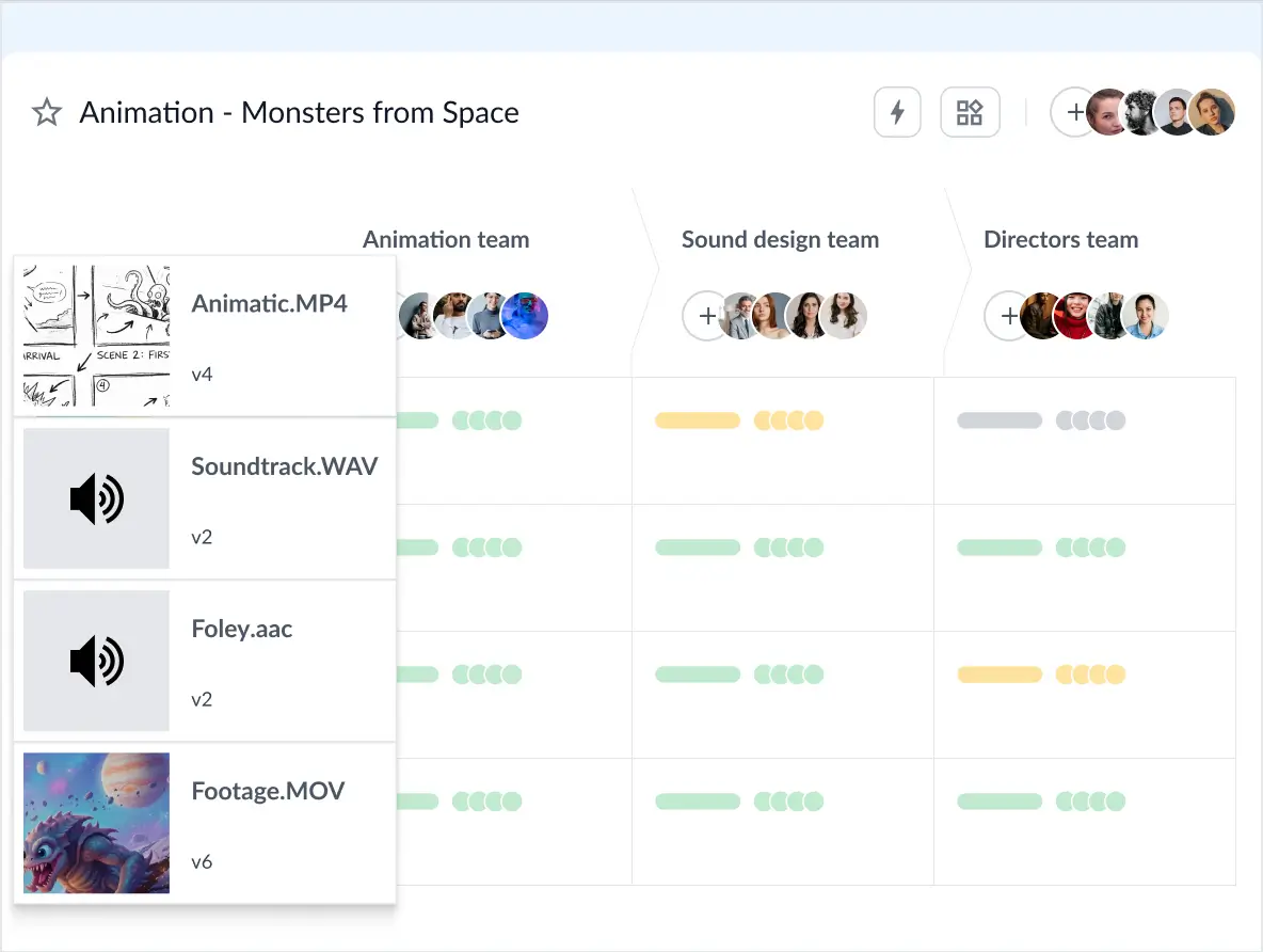 Filestage dashboard with video and audio files