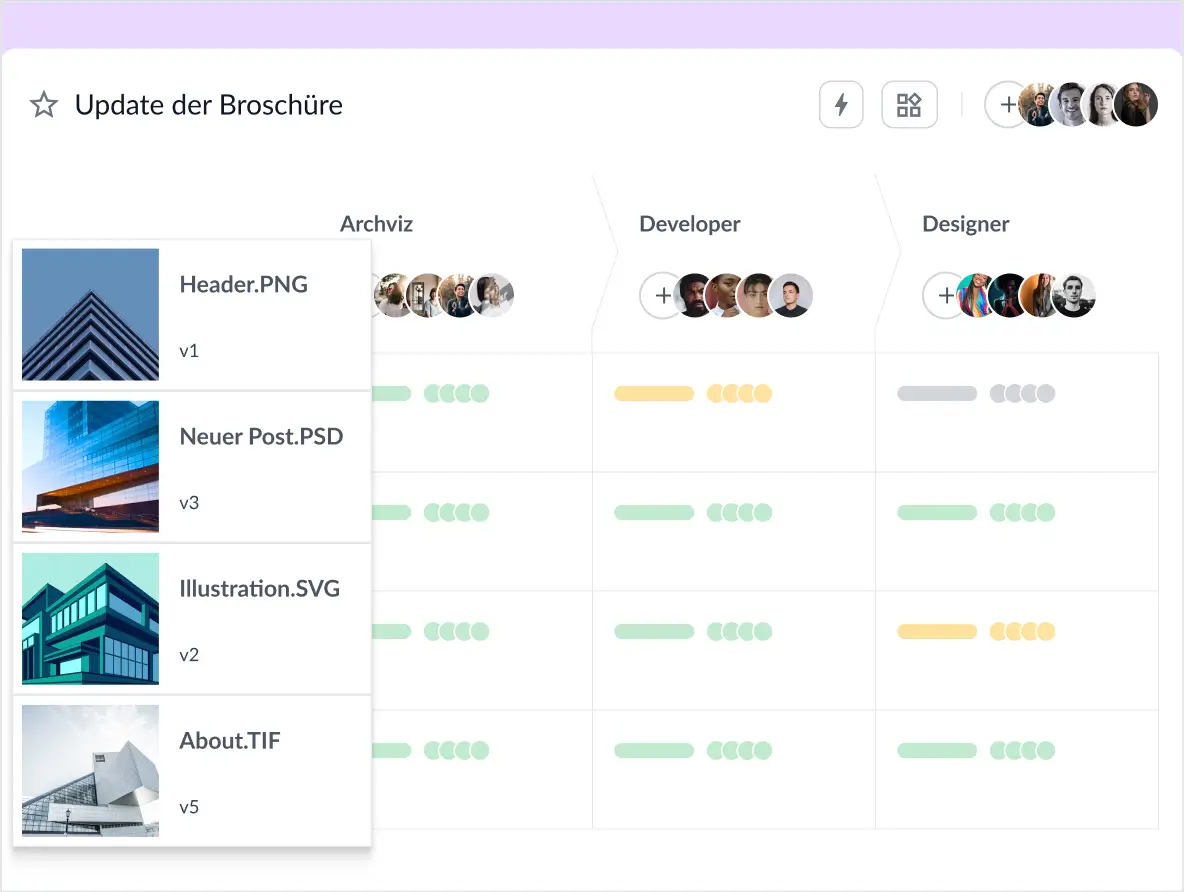 Filestage Dashboard mit Design-Dateien