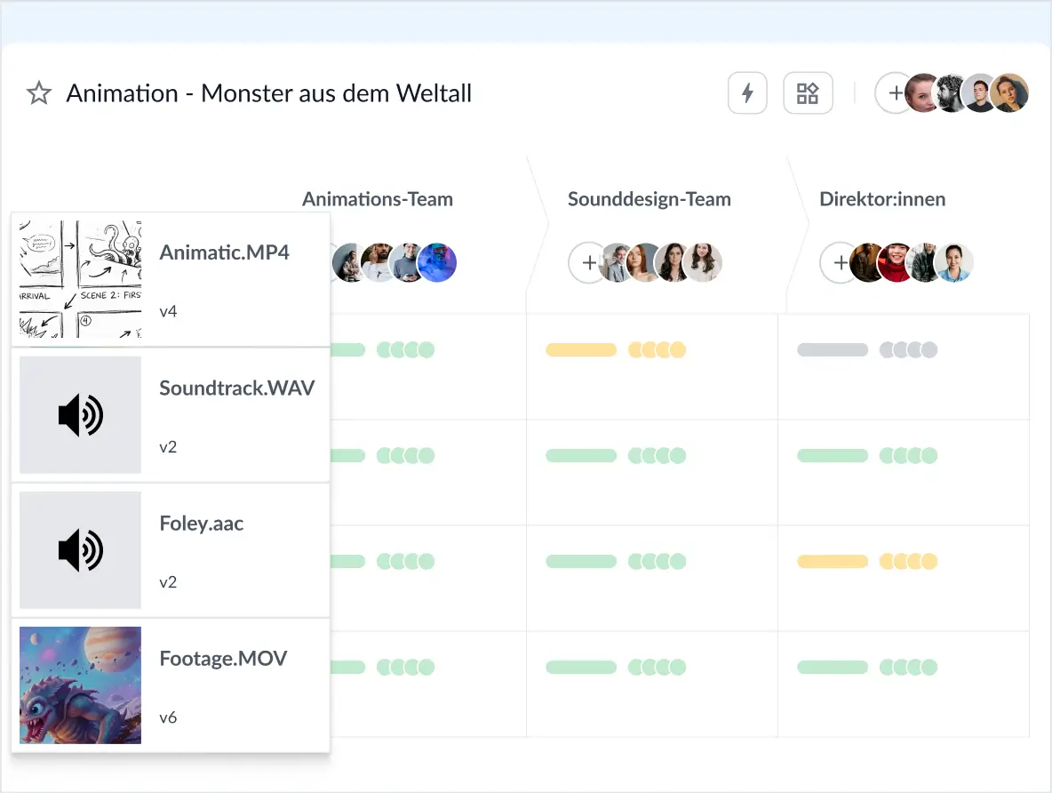 Filestage Dashboard mit Video und Audio-Dateien