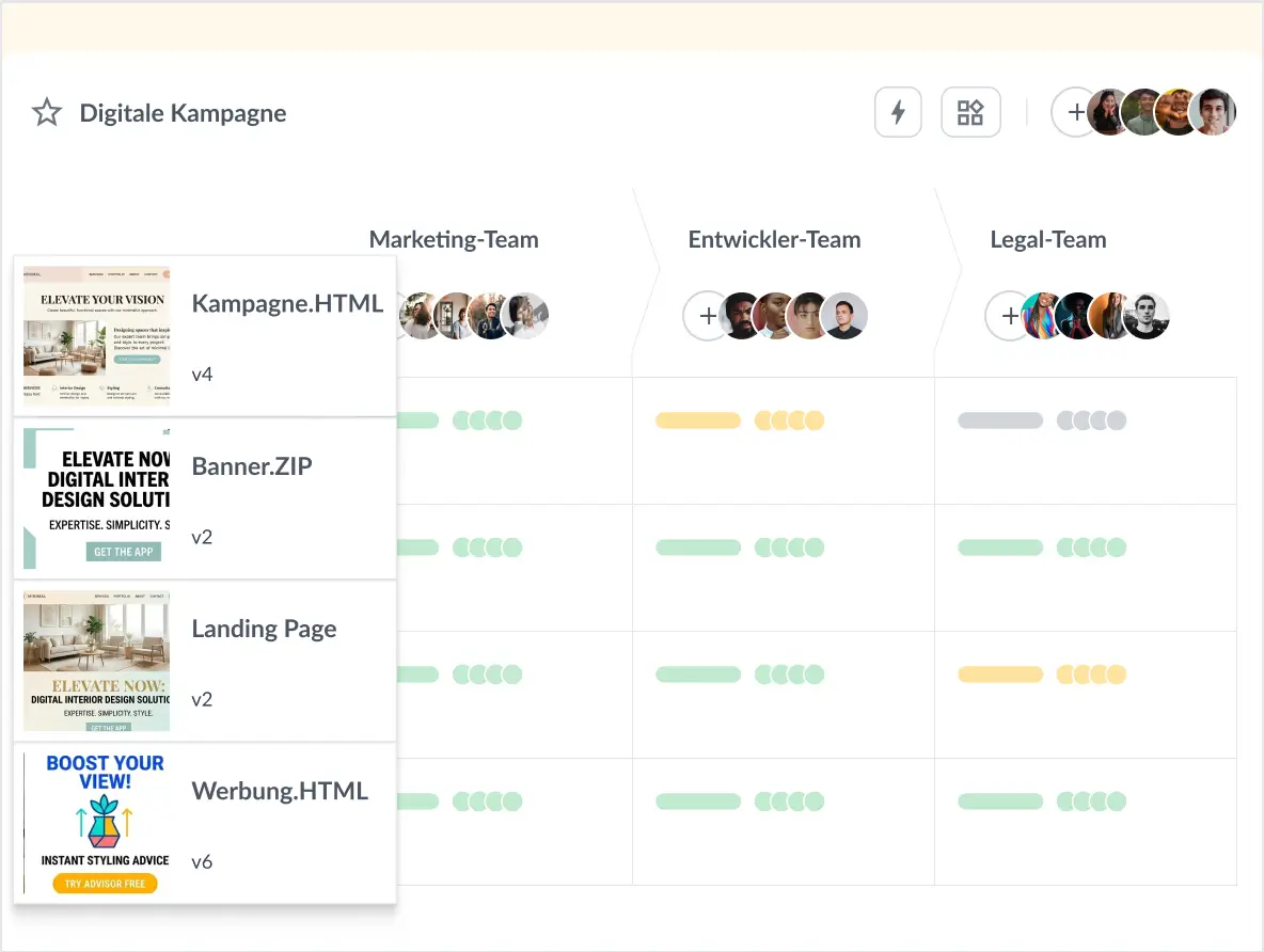 Filestage Dashboard mit Websites und interaktiven Inhalten