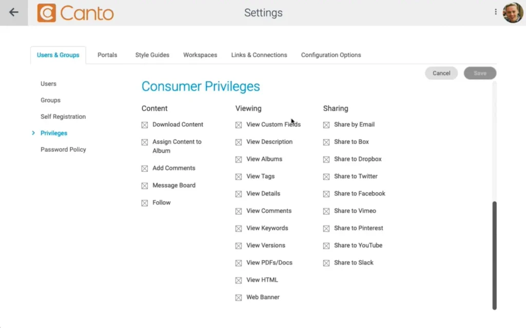 access and permissions on DAM Canto